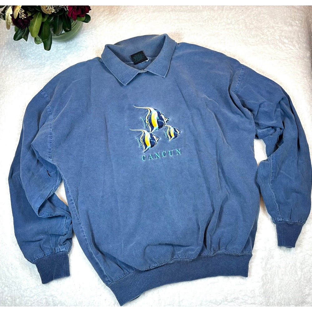 Habitat Men's M Sweatshirt‎ Blue Vintage 90s Embroidered Cancun Crew Fish surf